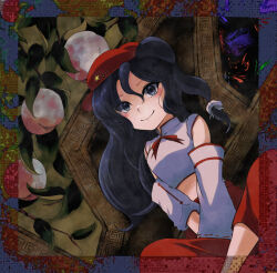 1girl abstract_background bare_shoulders blue_eyes blue_hair blush bow branch breasts cabbie_hat closed_mouth commentary_request crop_top detached_sleeves dolls_in_pseudo_paradise flat_cap food fruit hair_bow happy hat hat_ornament high-waist_skirt highres indian_style label_girl_(dipp) leaf long_hair long_sleeves looking_at_viewer mandarin_collar medium_breasts midriff neck_ribbon nontraditional_miko peach red_hat red_ribbon red_shirt red_skirt ribbon shirt side_ponytail sitting skirt sleeveless sleeveless_shirt smile solo star_(symbol) star_hat_ornament touhou ueea4553 very_long_hair white_bow white_sleeves wide_sleeves