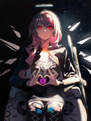 1girl absurdres arknights black_background black_dress black_jacket cropped_jacket crosshair_pupils dress earrings energy_wings feet_out_of_frame glowing glowing_eyes hair_between_eyes halo hashtag-only_commentary heart heart_hands highres jacket jewelry jiuxiaoshi lemuen_(arknights) long_hair long_sleeves looking_at_viewer open_clothes open_jacket pink_hair red_eyes short_dress single_earring sitting smile solo straight-on white_halo yandere