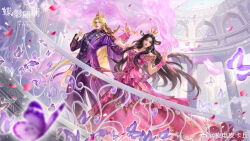 1boy 1girl absurdres asian bead_bracelet beads black_eyes black_hair blonde_hair blue_shirt bracelet bug butterfly cape character_request chinese_commentary chinese_text closed_mouth coat collared_shirt commentary_request copyright_request crown day dress expressionless eyelashes floating_hair formal_clothes full_body gold_crown gown hair_rings highres indoors insect jewelry light_particles lipstick long_dress long_hair long_sleeves low_ponytail makeup off-shoulder_dress off_shoulder open_clothes open_coat pants petals pillar pink_dress pink_wrist_cuffs ponytail purple-core purple_butterfly purple_cape purple_pants purple_suit railing realistic red_lips shirt short_sleeves side_cape standing suit thick_eyebrows translation_request tuxedo very_long_hair watermark weibo_watermark wrist_cuffs ye_dian_pikaqiu