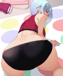 absurdres ass ass_focus back bag bikini black_buruma blue_eyes blue_hair blush breasts buruma commentary_request embarrassed highres jacket large_breasts looking_at_viewer looking_back nakamura_yukitoshi on_floor open_mouth original red_bikini red_jacket short_hair sideboob sidelocks sports_bikini swimsuit top-down_bottom-up twister unworn_jacket