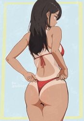1girl adjusting_clothes adjusting_panties ass bare_arms bare_shoulders bikini black_hair blue_background border breasts closed_mouth cowboy_shot dark-skinned_female dark_skin from_behind hair_behind_ear halterneck long_hair looking_ahead lottery_shogun medium_breasts notice_lines one-piece_tan original panties red_bikini solo standing string_bikini swimsuit tan tanline underwear wedgie