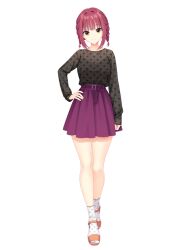 1girl belt black_shirt closed_mouth full_body futamihara_ririko hand_on_own_hip jewelry limelight_lemonade_jam long_sleeves looking_at_viewer medium_hair muririn necklace official_art orange_eyes pendant polka_dot polka_dot_shirt red_hair red_skirt shirt skirt smile socks solo tachi-e transparent_background white_socks yuzu-soft