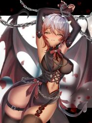 1girl armpits arms_up belt black_belt blush breast_curtains breasts brown_hair chain closed_mouth commission cross cross_earrings dark-skinned_female dark_skin demon_horns demon_tail demon_wings earrings elbow_gloves face_piercing falling_petals fingerless_gloves garter_straps gloves gradient_hair grey_hair hair_between_eyes highres horns indie_virtual_youtuber jewelry linea_alba lip_piercing multicolored_hair navel petals piercing red_nails red_petals restrained ruru912 savii_(vtuber) second-party_source skeb_commission skindentation solo tail thigh_belt thigh_strap thighhighs virtual_youtuber white_horns wings yellow_eyes