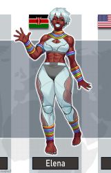 1girl ;d abs absurdres aged_up anklet armlet barefoot blue_eyes blue_nails bracelet breasts capcom character_name cleavage cleavage_cutout clothing_cutout commentary dark-skinned_female dark_skin earbuds earphones earrings elena_(street_fighter) english_commentary facing_viewer fake_screenshot fingernails fishnets flag full_body grey_hair grin highres jewelry kenyan_flag leggings looking_at_viewer medium_breasts midriff muscular muscular_female nail_polish namnums neck_ring one_eye_closed open_mouth redesign short_hair smile solo sports_bra standing street_fighter street_fighter_6 stud_earrings thick_thighs thighs toenail_polish toenails very_dark_skin waving white_leggings white_sports_bra wireless_earphones
