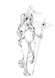 1girl animal_ears arima_natsubon bikini boots breasts capelet commentary_request fake_animal_ears full_body greyscale holding holding_staff large_breasts long_hair looking_at_viewer mage_(ragnarok_online) monochrome open_mouth pelvic_curtain pointy_ears rabbit_ears ragnarok_online simple_background sketch smile solo staff swimsuit twintails walking