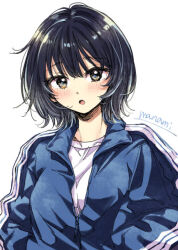 1girl :o artist_name black_hair blue_jacket blush breasts brown_eyes commentary_request gym_shirt hair_between_eyes jacket looking_at_viewer medium_hair open_mouth original partially_unzipped shirt signature simple_background solo sugano_manami track_jacket upper_body white_background white_shirt zipper_pull_tab
