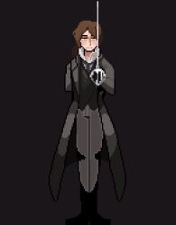 Rule 34 | 1boy, arm behind back, baeloe, black background, black coat, black necktie, black suit, black vest, brown hair, coat, collared shirt, formal clothes, full body, gregor (project moon), highres, holding, holding polearm, holding weapon, limbus company, looking at viewer, necktie, orange eyes, pixel art, polearm, project moon, shirt, simple background, solo, standing, suit, vest, weapon, white shirt, wuthering heights (identity) (project moon)