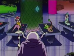 1990s_(style) 5girls acrobatics amazoness_quartet animated anime_screenshot bishoujo_senshi_sailor_moon bishoujo_senshi_sailor_moon_supers blue_eyes blue_hair breasts cerecere_(sailor_moon) circus cleavage earrings flexible green_hair hair_bun helmet holding holding_wand jewelry jumping junjun_(sailor_moon) lineup long_hair looking_at_another medium_breasts midriff multi-tied_hair multiple_girls navel pallapalla_(sailor_moon) pink_hair red_hair retro_artstyle revealing_clothes single_hair_bun small_breasts smug sound tagme toei_animation very_long_hair vesves_(sailor_moon) video wand whip wide_hips zirconia_(sailor_moon)
