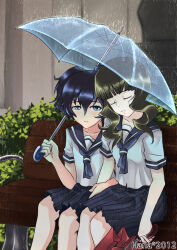 2girls black_hair black_rock_shooter blue_eyes blue_sailor_collar blue_skirt closed_eyes friends green_hair hana_keijou kuroi_mato medium_hair multiple_girls pleated_skirt rain sailor_collar school_uniform serafuku short_hair short_twintails skirt takanashi_yomi twintails umbrella yuri