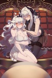 2girls absurdres arbiter_the_chariot_vii_(azur_lane) arbiter_the_hierophant_v_(azur_lane) arm_support arm_under_breasts azur_lane bare_legs bare_shoulders black_crown black_skirt breast_rest breasts cleavage commission crop_top crown curly_hair dress embarrassed facing_viewer frown full_body garter_straps grin hair_between_eyes hands_on_another&#039;s_shoulders highres horns kneeling lace lace-trimmed_skirt lace_trim large_breasts leaning_forward leaning_on_person long_hair looking_at_viewer looking_to_the_side midriff miniskirt multiple_girls najashi nervous off-shoulder_dress off_shoulder orange_eyes panties pixiv_commission pleated_skirt see-through_clothes see-through_skirt siren_(azur_lane) sitting skirt sleeveless slit_pupils smile thighhighs thighs underwear very_long_hair white_dress white_hair white_panties yellow_eyes