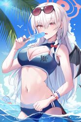 1girl absurdres alternate_costume bikini black_tail black_wings blue_archive blue_bikini blue_sky blush bow bracelet braid breasts cleavage cleavage_cutout clothing_cutout cloud cloudy_sky commentary day demon_girl demon_tail demon_wings food gehenna_academy_logo gradient_halo hair_between_eyes hair_bow halo hand_up haruna_(blue_archive) highres holding holding_food holding_popsicle jewelry kkubuk92 large_breasts long_hair looking_at_viewer multicolored_hair multicolored_halo multiple_bracelets navel ocean open_mouth palm_leaf popsicle red_bow red_eyes red_streaks single_braid single_wing sky stomach streaked_hair sunlight swimsuit tail wading water wet white_hair wings