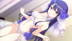1girl bare_arms black_hair blush bra breasts brown_eyes choker cleavage dutch_angle floating_hair flower frilled_bra frills front-tie_bra game_cg groin hair_between_eyes hair_flower hair_ornament highres indoors koruri long_hair looking_at_viewer medium_breasts navel neko_to_wakai_seyo! open_mouth panties purple_flower sideboob solo standing strapless strapless_bra tachibana_seika underwear veil very_long_hair white_bra white_choker white_panties