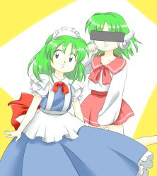 Rule 34 | 2girls, :d, blue dress, bow, bowtie, censored, dress, green hair, grey eyes, censored identity, maid headdress, medium hair, multi (to heart), multiple girls, nonamejd, official style, open mouth, phantasmagoria of dim.dream, pink bow, pink bowtie, pink sailor collar, pink skirt, puffy short sleeves, puffy sleeves, red bow, red bowtie, robot ears, ruukoto, sailor collar, shirt, short sleeves, single horizontal stripe, skirt, smile, to heart, to heart (series), touhou, touhou (pc-98), two-tone background, white background, white shirt, yellow background, zun (style)