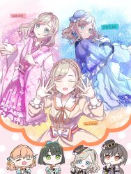 4girls :d ^_^ black_hat blue_bow blue_eyes blue_kimono blush bow bow_hairband breasts celebration!_(love_live!) ceras_yanagida_lilienfeld chibi closed_eyes closed_mouth colored_eyelashes commentary_request cosplay dress expressionless facing_viewer frilled_skirt frills gloves goggles goggles_on_head green_eyes grey_hair hair_intakes hairband hat hat_bow highres hinoshita_kaho hinoshita_kaho_(cosplay) holding holding_microphone index_finger_raised japanese_clothes katsuragi_izumi kimono kimono_skirt link!_like!_love_live! long_hair long_sleeves love_live! medium_breasts medium_skirt microphone momose_ginko momose_ginko_(cosplay) multiple_girls multiple_views official_alternate_costume oka_ranman_(love_live!) open_mouth orange_bow orange_dress orange_eyes orange_hair orange_hairband pink_bow pink_kimono pink_skirt pleated_skirt retrofuture_(love_live!) sakari_(pear_8_ll) skirt smile song_name special_thanks_(love_live!) split_mouth tsukuyomi_kurage two_side_up virtual_youtuber wavy_hair white_bow white_gloves wide_sleeves