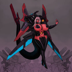 Rule 34 | 3girls, absurdres, armor, arms up, black mask, black thighhighs, body modification, breasts, colored skin, corruption, cyborg, expressionless, extra eyes, gradient background, grey background, grey hair, high heels, highres, horns, jetpack, large breasts, mechanization, multiple girls, original, outstretched arms, pasties, pink background, platinum1945, red skin, robot, robot ears, shoulder armor, shoulder spikes, spikes, tail, tail raised, thighhighs, third eye on chest