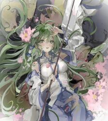 1girl bare_shoulders blue_skirt blush breasts cleavage detached_sleeves flower frog_hair_ornament gohei green_eyes green_hair hair_between_eyes hair_ornament hair_tubes hand_on_own_head highres holding holding_gohei kochiya_sanae long_hair looking_at_viewer lying lying_on_water medium_breasts on_back open_mouth sesmkun shirt single_hair_tube skirt smile snake_hair_ornament solo touhou water white_shirt