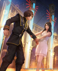 1boy 1girl belt belt_buckle black_hair boots buckle copyright_name dress final_fantasy final_fantasy_viii fuji_q grabbing_another&#039;s_arm jewelry magic:_the_gathering multicolored_hair necklace night official_alternate_costume official_art rinoa_heartilly seed_uniform_(ff8) short_dress smile squall_leonhart streaked_hair white_dress
