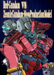 assault_visor ball_and_chain_(weapon) character_name commentary_request gelgoog gelgoog_(gquuuuuux) glowing glowing_eyes green_visor gundam gundam_gquuuuuux highres holding holding_weapon mecha mecha_focus mobile_suit no_humans purple_eyes red_gundam robot science_fiction takuma_tomomasa v-fin weapon