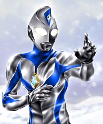 Rule 34 | 1boy, alien, blizzard, blue skin, color timer, colored skin, commentary, compound eyes, crystal, dorsal fin, fighting stance, forehead jewel, glowing, glowing eyes, hands up, hanejidyna86, highres, looking ahead, male focus, multicolored skin, outdoors, pectorals, silver skin, snow, solo, standing, tokusatsu, toned, toned male, twitter username, two-tone skin, ultra series, ultraman dyna, ultraman dyna (miracle type), ultraman dyna (series), upper body, white eyes, wrinkled skin