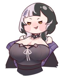 1girl arrivedcold black_coat black_dress black_hair breasts cleavage coat dress grey_hair hololive hololive_english huge_breasts long_hair multicolored_hair open_mouth ribbon shiori_novella shiori_novella_(1st_costume) simple_background solo split-color_hair two-tone_hair virtual_youtuber white_background white_ribbon yellow_eyes