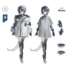 1girl android ankle_boots black_gloves blue_eyes boots cable character_name coat dress full_body gloves goggles goggles_on_headwear grey_boots grey_coat grey_dress grey_hair grey_hat hat highres id_card joints looking_at_viewer metal_skin newsboy_cap original reverse:1999 robot_girl robot_joints short_hair short_sleeves solo towano_(0qjftwn) white_background