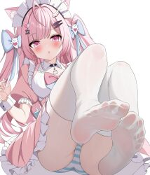 Rule 34 | 1girl, absurdres, ahoge, animal ears, aqua bow, bandaid, bandaid hair ornament, blush, bow, cat choker, cat ears, cat girl, chest bow, choker, dress, fish hair ornament, fish hairpin, foot focus, ghost hair ornament, gugu0v0, hair ornament, heart, heart hair ornament, highres, indie virtual youtuber, legs up, long hair, looking at viewer, maid, maid headdress, no shoes, o-ring, o-ring choker, open mouth, panties, pink dress, pink eyes, pink hair, sitting, soles, solo, spread toes, striped clothes, striped panties, thighhighs, toes, underwear, virtual youtuber, white headdress, white thighhighs, white wrist cuffs, wing hair ornament, wing hairpin, wrist cuffs, yuuki sakuna