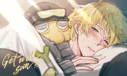 1boy black_headwear blonde_hair blush briskadet_(sonny_brisko) commentary english_commentary eyelashes goggles grey_sweater hand_up helmet highres indoors light_particles light_rays long_sleeves lying male_focus messy_hair nijisanji nijisanji_en on_side one_eye_closed parted_lips pillow purple_eyes short_hair sick sleeves_past_wrists sonny_brisko spring_onion sweat sweater szainx turtleneck turtleneck_sweater under_covers virtual_youtuber