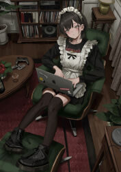 1girl absurdres alternate_costume apple_inc. apron arm_rest armchair band_shirt black_boots black_hair black_shirt black_skirt blush book bookshelf boots bottle cable chair closed_mouth clothes_writing commentary_request computer computer_keyboard controller cup curtains drawer drinking_glass enmaided feet_on_chair flower frilled_apron frills game_controller gishiki_(gshk) glass hair_intakes highres indoors lamp laptop long_sleeves macintosh maid maid_apron maid_headdress medium_hair merchandise metallica on_chair original plant potted_plant profanity red_flower rug shelf shirt shot_glass sitting skirt skull_and_crossbones smiley_face solo sony speaker sticker table tanaka_kyouko thighhighs typing white_apron wooden_floor yellow_eyes yin_yang zettai_ryouiki