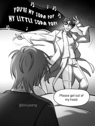 2boys alien_stage artist_name beamed_sixteenth_notes boiyaang coat commentary dancing eighth_note english_commentary english_text greyscale highres ivan_(alien_stage) kpop_demon_hunters long_sleeves lyrics male_focus monochrome multiple_boys music musical_note one_eye_closed open_mouth pants pointing red_pupils shirt short_hair singing spot_color till_(alien_stage) very_short_hair