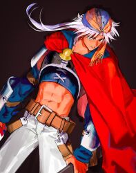 1boy abs armor bandana belt black_background brown_eyes cape closed_mouth commentary_request earrings final_fantasy final_fantasy_ii firion floating_hair highres jewelry male_focus pants ponytail red_cape standing tokumei_wombat toned toned_male white_pants