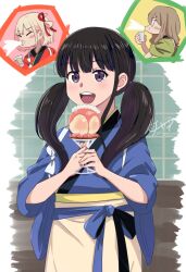 3girls black_hair blonde_hair blue_kimono brown_hair chai_haru commentary english_commentary food glasses green_kimono hair_ribbon highres holding holding_food inoue_takina japanese_clothes kimono lycoris_recoil multiple_girls nakahara_mizuki nishikigi_chisato one_side_up open_mouth purple_eyes red_kimono red_ribbon ribbon short_hair spitting tasuki teeth twintails upper_teeth_only