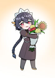 absurdres adapted_costume aged_down ahoge black_hair black_pantyhose black_wyrm_(last_origin) blush bouquet braid braided_ponytail flower gradient_background highres holding holding_bouquet last_origin long_hair looking_at_viewer maid maid_headdress pantyhose red_eyes smile solo sunflower very_long_hair waterbear