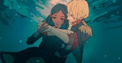 Rule 34 | 1boy, 1girl, air bubble, bindi, black hair, blonde hair, bubble, char aznable, commentary request, dark-skinned female, dark skin, double bun, dress, epaulettes, gloves, green eyes, gundam, gundam gquuuuuux, hair bun, highres, hug, hug from behind, jacket, lalah sune, long sleeves, military jacket, military uniform, npn, red jacket, shirouzu (gundam), short hair, submerged, underwater