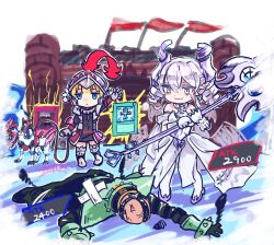 1boy 250en_remon 2girls card castle cerberus chibi cyborg demon_girl demon_horns demon_wings dress duel_monster gameplay_mechanics grey_hair holding holding_polearm holding_weapon horns injury jinzo_(yu-gi-oh!) knight knight_(yu-gi-oh!) looking_at_another lovely_labrynth_of_the_silver_castle lying monster_reborn multiple_girls nervous_smile on_floor photon_cerberus polearm royal_decree_(yu-gi-oh!) smile stats trait_connection translated twintails weapon white_dress wings yu-gi-oh!