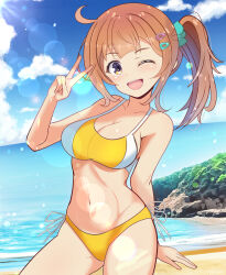 1girl absurdres ahoge bikini blue_sky breasts brown_eyes cleavage cloud commentary_request cowboy_shot day hair_ornament hairclip hibi_wa_sugiredo_meshi_umashi highres kumaisao long_hair medium_breasts ogawa_shinon one_eye_closed outdoors side_ponytail sky smile solo standing swimsuit v yellow_bikini