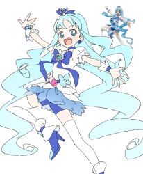 1girl :d aqua_eyes aqua_hair blue_bow blue_bowtie blue_choker blue_shoes blue_skirt bow bow_choker bowtie brooch choker cure_marine earrings figure flower_earrings ginjiro_(ginjiroxx) hair_ornament heart heart_brooch heart_hair_ornament heartcatch_precure! high_heels highres jewelry kurumi_erika long_hair looking_at_viewer magical_girl miniskirt open_mouth outstretched_arms photo-referenced precure puffy_short_sleeves puffy_sleeves reference_inset shirt shoes short_sleeves shorts shorts_under_skirt simple_background skirt smile solo very_long_hair white_background white_shirt wrist_cuffs