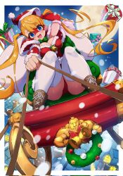 1girl ass bag blonde_hair blue_eyes box breasts chimney christmas cleavage gift gift_box highres house large_breasts long_hair mask mefuchan moon night night_sky panties rainbow_mika santa_costume sitting sky sled street_fighter teeth twintails underwear upper_teeth_only very_long_hair