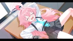 1girl absurdres ahoge blue_archive closed_eyes drooling fang halo highres hoshino_(blue_archive) letterboxed long_hair long_sleeves necktie odiseo open_mouth pink_hair shirt skirt sleeping sleeping_on_desk solo suspender_skirt suspenders