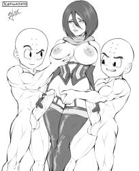 1girl 2boys bald bald_male black_eyes black_hair blush breasts clones crossover dragon_ball dual_persona excited excited_for_sex fingering grabbing_another&#039;s_penis groping_breast happy highres kuririn large_breasts large_penis mikasa_ackerman multiple_boys muscular muscular_male nipples penis shingeki_no_kyojin smile theal3x10 thick_thighs thighs uncensored veins veiny_penis