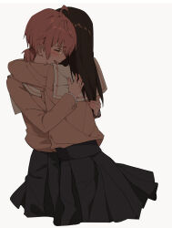 Rule 34 | 2girls, ahoge, black hair, black skirt, blush, closed eyes, commentary, crying, highres, hug, koito yuu, lie lack1080, long hair, long sleeves, low twintails, multiple girls, nanami touko, open mouth, orange hair, parent and child, pleated skirt, sailor collar, school uniform, short hair, short twintails, simple background, skirt, tohmi higashi high school uniform, twintails, white background, white sailor collar, yagate kimi ni naru, yuri
