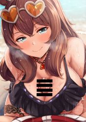 1girl animal_ears bad_id bad_pixiv_id bar_censor beach blush breasts brown_hair censored cleavage commentary_request heavy_breathing highres horse_ears horse_girl long_hair maruzensky_(blasting_off_summer_night)_(umamusume) maruzensky_(umamusume) paizuri peanut_(shokan) penis pov smile solo_focus sweat swimsuit umamusume
