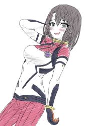 1girl :d amagappa_(kinketsuamagappa) amate_yuzuriha amate_yuzuriha_(cosplay) arm_up bang_dream! black_hair blush bob_cut bodysuit breasts commentary cosplay covered_navel cowboy_shot dutch_angle embarrassed grey_eyes gundam gundam_gquuuuuux hair_ornament hairclip highres kurosawa_tomoyo long_sleeves looking_at_viewer mecha_pilot_suit medium_breasts medium_hair nervous_sweating okusawa_misaki open_mouth red_bodysuit smile solo standing sweat voice_actor_connection
