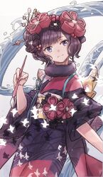 1girl bad_id bad_pixiv_id bird blue_eyes closed_mouth dress fate/grand_order fate_(series) flower hair_bun hair_flower hair_ornament highres holding holding_paintbrush japanese_clothes katsushika_hokusai_(fate) katsushika_hokusai_(first_ascension)_(fate) kimono light_smile mento paintbrush purple_hair purple_kimono sash short_hair single_hair_bun solo swept_bangs water white_bird yellow_sash