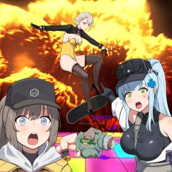 4girls absurdres baseball_cap black_gloves black_hat black_shoes black_shrug black_thighhighs blue_hair bottle breasts brown_hair commentary commission dima_(girls&#039;_frontline) english_commentary explosion explosion_background family_guy_death_pose_(meme) g11_(girls&#039;_frontline) girls&#039;_frontline girls&#039;_frontline_2:_exilium gloves green_eyes green_jacket grey_hair hat high_heels highres hk416_(girls&#039;_frontline) holding holding_bottle jacket kion-kun klukai_(girls&#039;_frontline_2) large_breasts leotard long_hair long_sleeves looking_at_viewer mechty_(girls&#039;_frontline_2) meme multiple_girls official_alternate_costume ollie_(skateboarding) open_mouth playboy_bunny pointing ponytail purple_jacket second-party_source shoes shrug_(clothing) skateboard skateboarding smile strapless strapless_leotard teardrop_facial_mark thighhighs two_soyjaks_pointing_(meme) vector_(girls&#039;_frontline) vector_(girls&#039;_frontline_2) vector_(molotov_bunny)_(girls&#039;_frontline_2) yellow_jacket yellow_leotard