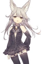 1girl absurdres animal_ear_fluff animal_ears arms_at_sides ascot breasts brooch commentary_request cowboy_shot detached_sleeves dress facing_viewer fang frilled_ascot frilled_skirt frills fur-trimmed_dress fur_trim garter_straps grey_hair hand_on_own_hip highres jewelry large_ears long_hair looking_at_viewer open_mouth original partially_unzipped riuichi simple_background skin_fang skirt small_breasts solo thigh_gap thighhighs white_background yellow_eyes zettai_ryouiki zipper_dress