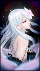 Rule 34 | 1girl, absurdres, bandaged arm, bandaged neck, bandages, cosplay, crying, drag-on dragoon, drag-on dragoon 3, eyeshadow, flower, hair flower, hair ornament, highres, k0himizu, kaine (nier), kaine (nier) (cosplay), long hair, makeup, nier, nier (series), parted lips, pink flower, purple eyeshadow, solo, streaming tears, tears, white hair, zero (drag-on dragoon)