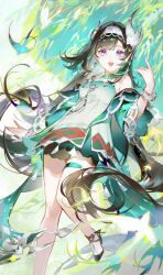 1girl :d aqua_cape aqua_hair aqua_sleeves bird bird_hair_ornament black_hair black_shoes black_shorts blush bracelet branch breasts cape dress earrings emurina eyelashes genshin_impact glowing_bird hair_intakes hair_ornament hairband hand_up highres jewelry lan_yan_(genshin_impact) leg_up long_hair looking_at_viewer medium_breasts multicolored_hair necklace open_mouth parted_bangs purple_eyes shoes short_shorts shorts sidelocks sleeveless sleeveless_dress smile solo streaked_hair teeth thigh_strap upper_teeth_only very_long_hair white_hairband wide_sleeves