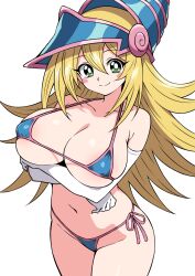 Rule 34 | 1girl, alternate breast size, arms under breasts, bare shoulders, bikini, blonde hair, blush, breasts, dark magician girl, ecgg (tsuji418477), elbow gloves, gloves, green eyes, hat, highres, large breasts, long hair, looking at viewer, micro bikini, navel, side-tie bikini bottom, simple background, smile, solo, swimsuit, white background, white gloves, wizard hat, yu-gi-oh!
