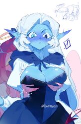 2girls angel angel_wings blue_dress blue_skin breasts cleavage cloak colored_inner_hair colored_skin cookie_run cookie_run:_kingdom dress eternal_sugar_cookie halo heterochromia highres large_breasts long_hair looking_at_viewer multicolored_hair multiple_girls oyki0000013 pink_hair pink_skin shadow_milk_cookie shadow_milk_cookie_(female) slit_pupils very_long_hair white_dress white_hair wings