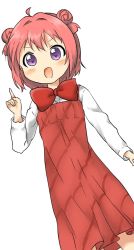 Rule 34 | &gt;:d, &gt;:o, 1girl, :d, :o, ahoge, akaza akari, bow, bowtie, double bun, dress, female focus, hair bun, hair intakes, highres, index finger raised, merorin, open mouth, purple eyes, red dress, red hair, simple background, smile, solo, sweater, v-shaped eyebrows, white background, yuruyuri